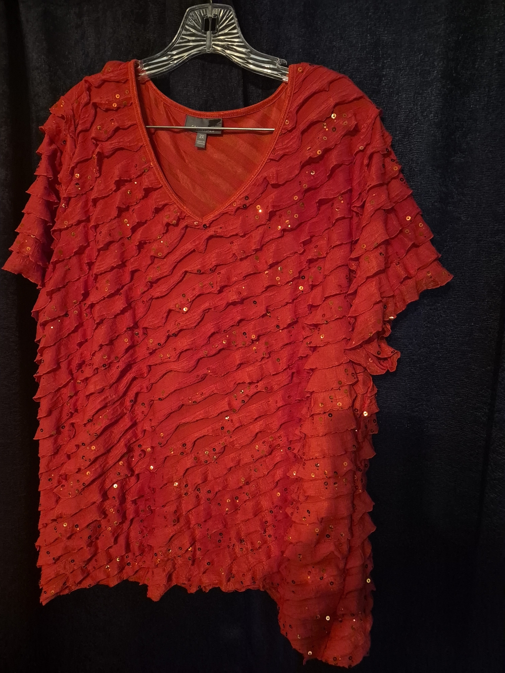 Essentials Red Ruffled Sequin V-Neck Top